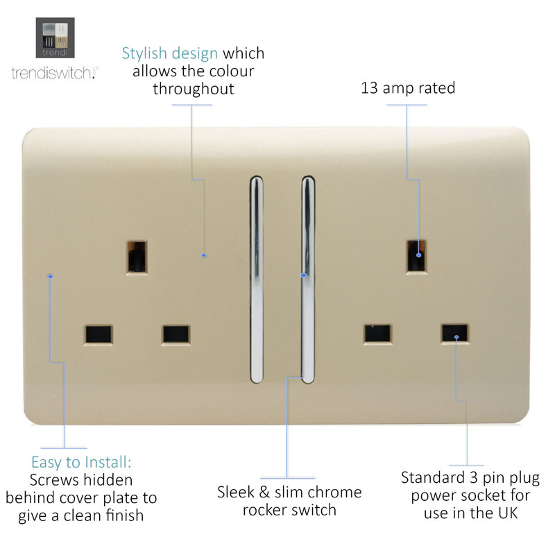 Trendi Switch 2 Gang Long Switched Plug Socket, Champagne Gold