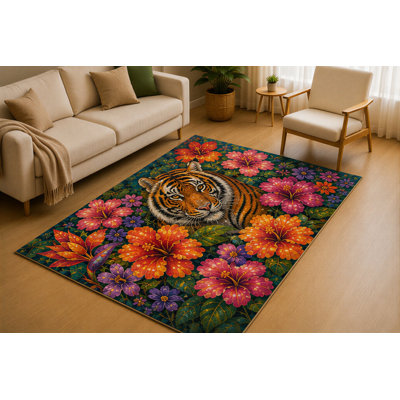 "Ultra Thin" 5' x 7' Floral Tiger Area Rug for Living Room, Soft Low Pile Indoor Rug with Non-Slip Silicone Backing, Carpet for Bedroom, Office, Family Room, Orange Pink