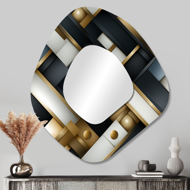 Black And Gold Marble Mosaic Dimensions III - Geometric Asymmetrical Large Wall Mirror, Black Irregular Shape Decorative Mirror, Printed Metal Art