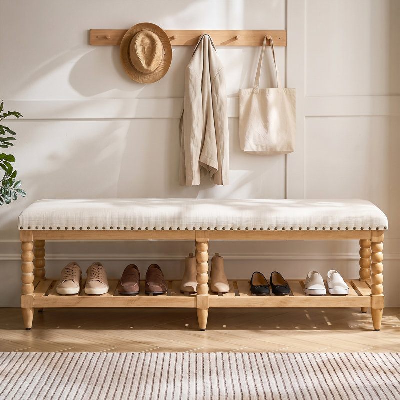 Delfina Farmhouse Solid Wood Open Storage Bench With Nailhead Trim, Ivory