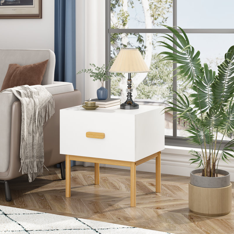 Table de chevet blanche minimaliste avec tiroir et composition en bois d'ingénierie, convient aux petits appartements de chambre à coucher, aux espaces de vie