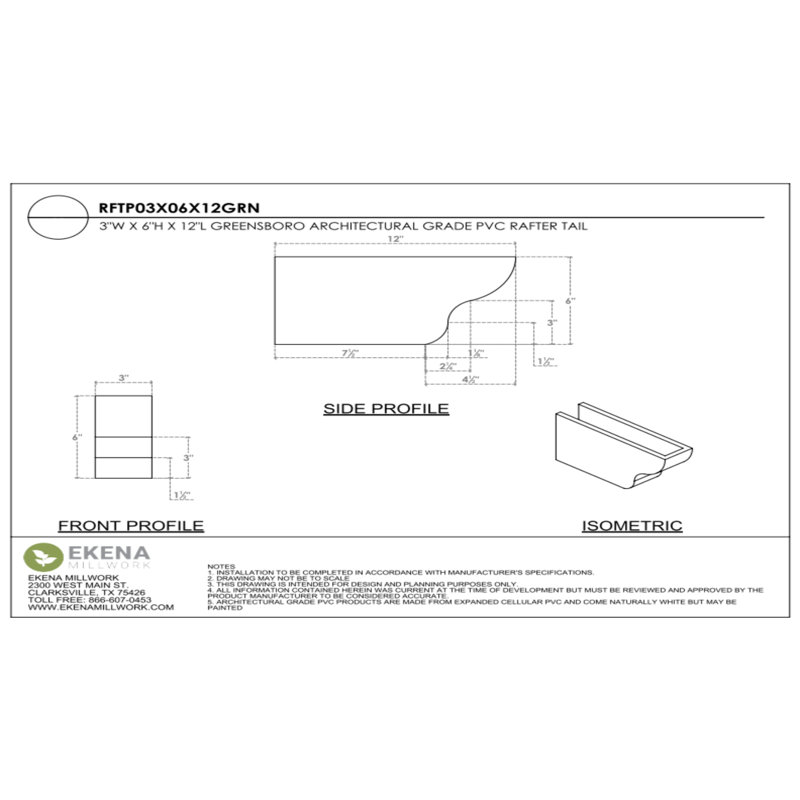 Queue de chevron standard en PVC de qualité architecturale Greensboro, H 6 po x L 3 po x P 12 po