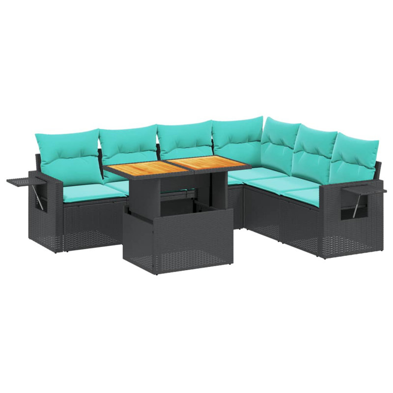  7 Piece Patio Sofa Set With Cushions Poly Rattan, Black, Green