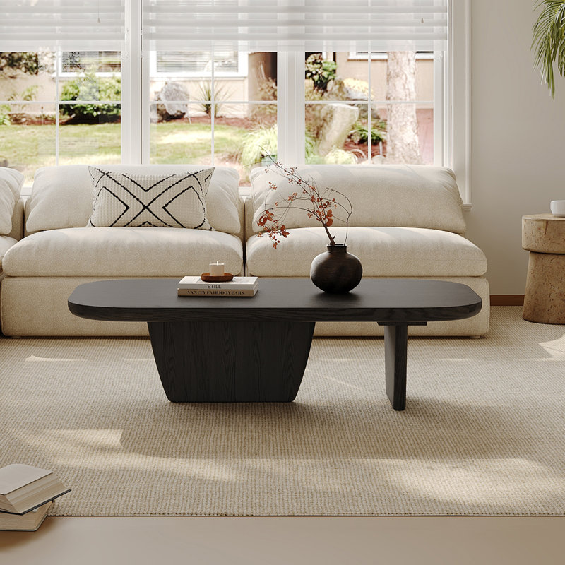 51" Rectangle Coffee Table with Two Unique Wooden Legs, Mid Century Modern Coffee Table with Premium Black-Finish Wood Centerpiece for Living Room