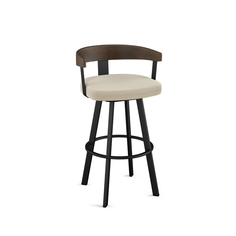 Tabouret de bar et de comptoir pivotant avec dossier en bois Drees, Noir, noir, noir, noir, Polyester bouclé crème