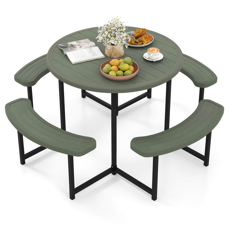 Ensemble de banc de table rond avec 4 bancs et parasol, Vert