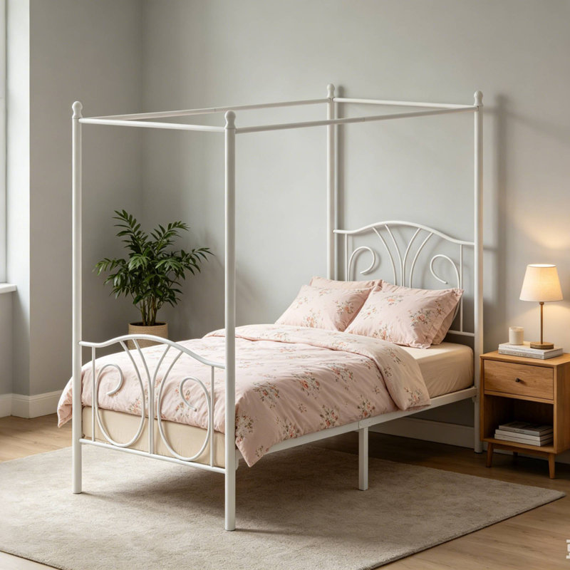 Twin Metal Canopy Bed Frame with Headboard and Storage, Modern Kids Platform Bed, White