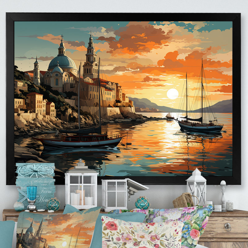 «Italian Hidden Gems Coastline Sunset I - Italie», art mural paysage, H 12 po x l 20 po x P 1 po, Cadre d'angle fermé noir