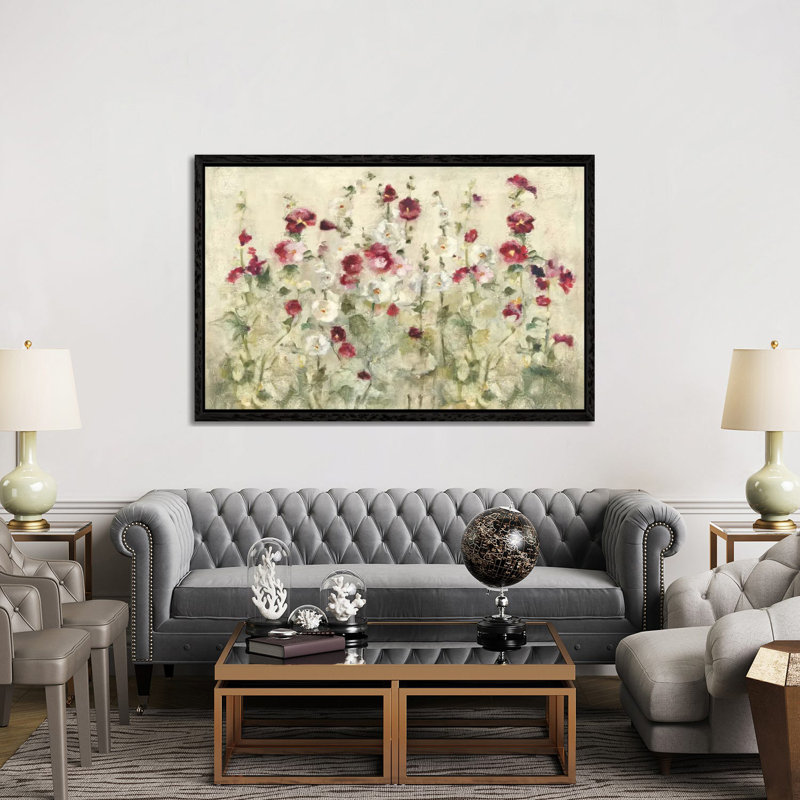 Hollyhocks Row Cool by Cheri Blum - Print on Canvas, Black Floater Framed, 101.6 cm H x 66.04 cm W