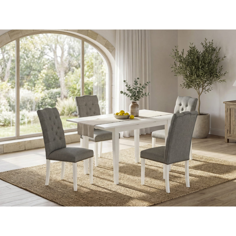 Ensemble de table de salle à manger rectangulaire en bois massif avec plateau papillon, Lin blanc, Gris