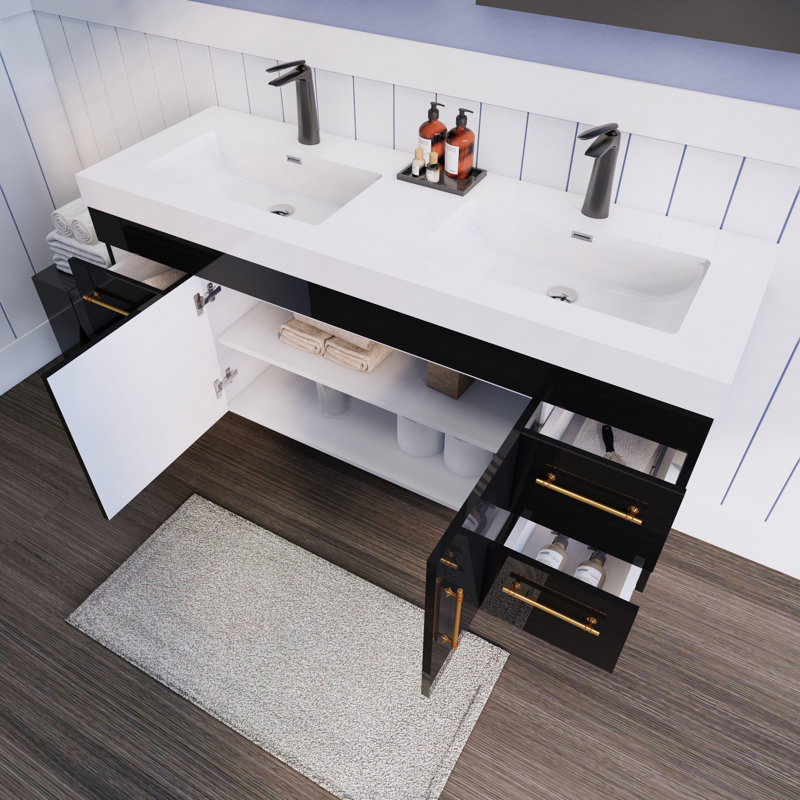 Ensemble de meuble-lavabo double mural 71 "Spring, Noir lustré