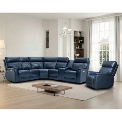 117" Leather Reclining Sectional, 4 Power Recliners, Adjustable Lumbar Support & Headrest