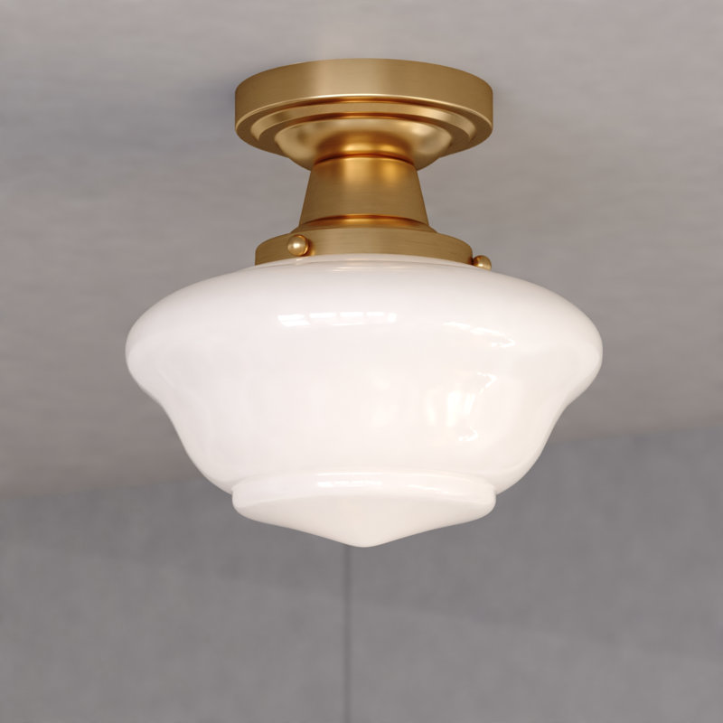 Maelina Semi Flush Mount Ceiling Light White Schoolhouse Glass, Antique Gold, 8.75" W