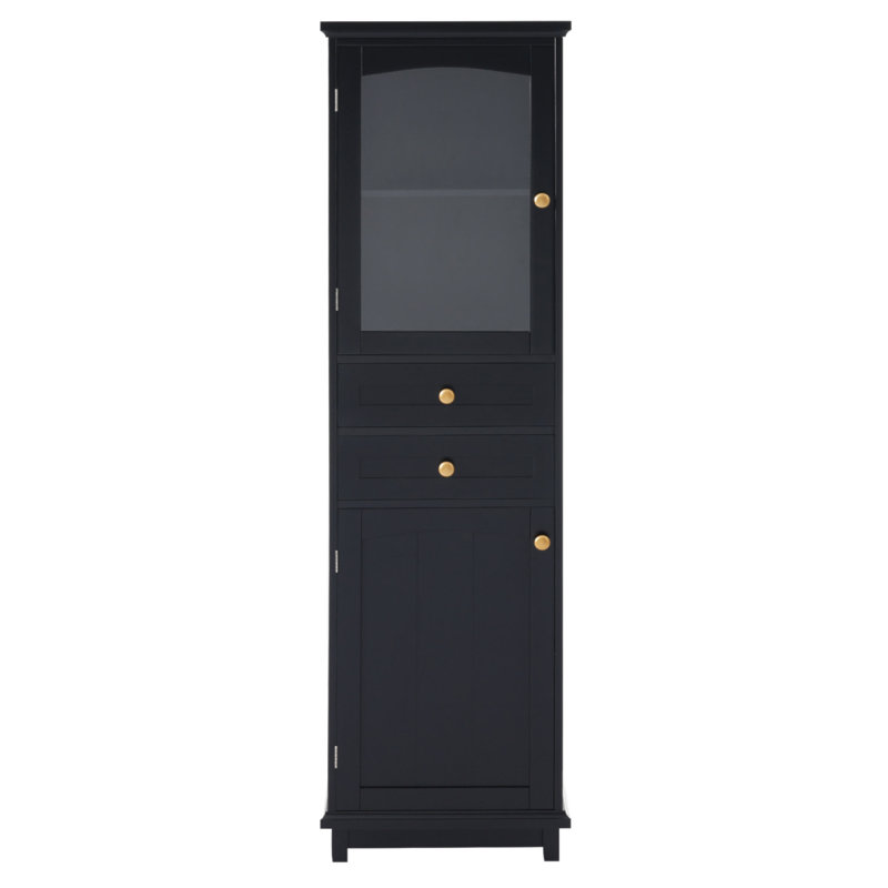 Grande armoire de rangement pour salle de bain avec portes en verre, autoportante, deux tiroirs et tablettes réglables, panneau de fibres à densité moyenne, peint en noir - parfaite pour exposer vos objets préférés