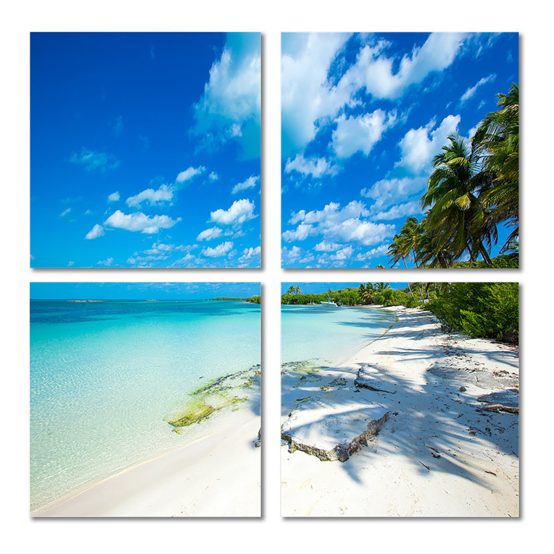 «Tropical Beach With Palm Shadows - Sea & Shore», ensemble de 4 reproductions d'art sur toile