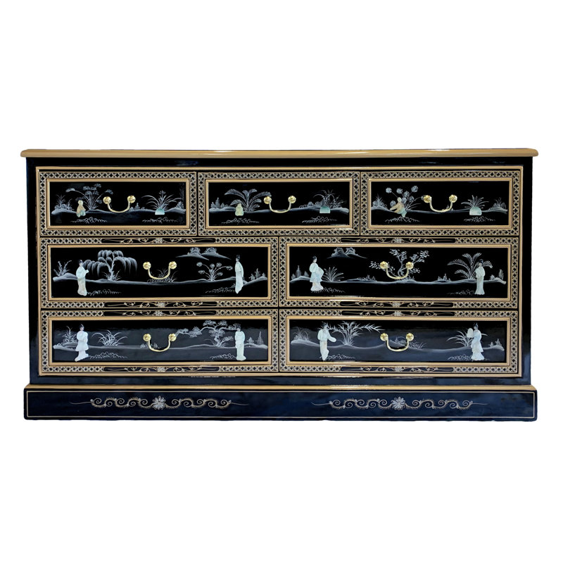 Commode oriental en laque noire avec sept tiroirs, plateau en verre et incrustations en nacre