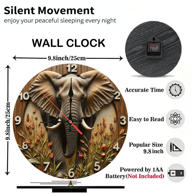 2D Elephant Wall Clock with Floral Design Decor