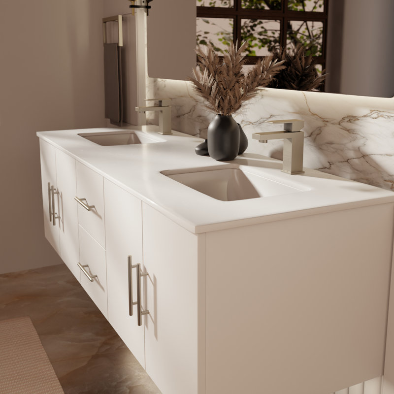 Ensemble de meuble-lavabo double mural 60 "Geneva, Blanc lustré, Marbre de culture blanc
