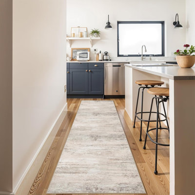 Washable Kitchen Rug: Easy-Clean Entryway Hallway Carpets Non Slip Non-Curl Edge Rugs for Laundry Bathroom Indoor Modern Abstract Home Decor Floor Mat for High Traffic Area Beige