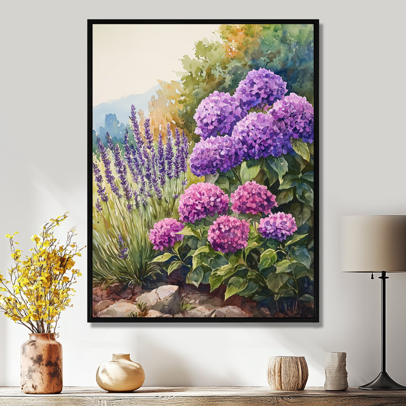Hydrangeas and Lavender Garden II - Hydrangea, reproduction d'art sur toile encadrée, H 20 po x l 12 po, Noir
