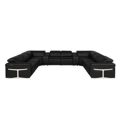 Black Italian Leather Power Reclining U Shaped Ten Piece Corner Sectional With Console
