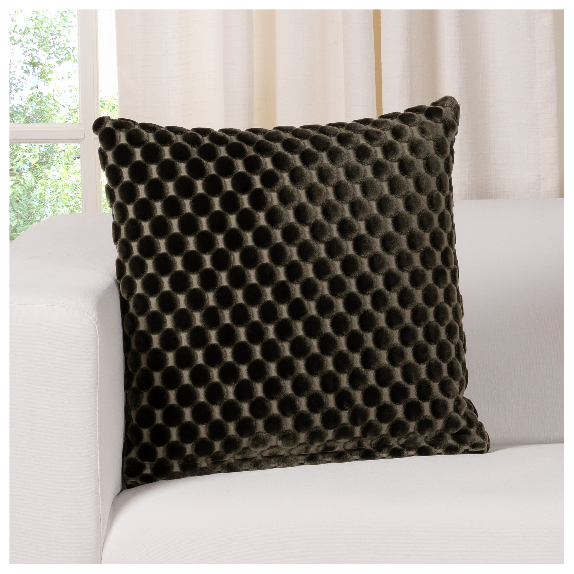 Nirvan Velvet Dot Throw Pillow, Square 20", Feather, Green