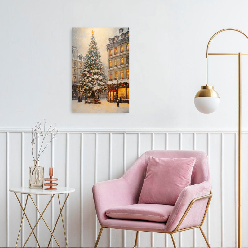 Snowy Paris Christmas Romantic Abstract Contemporary Christmas Tree City Wall Art Print 1 Piece Wrapped Canvas Wall Art
