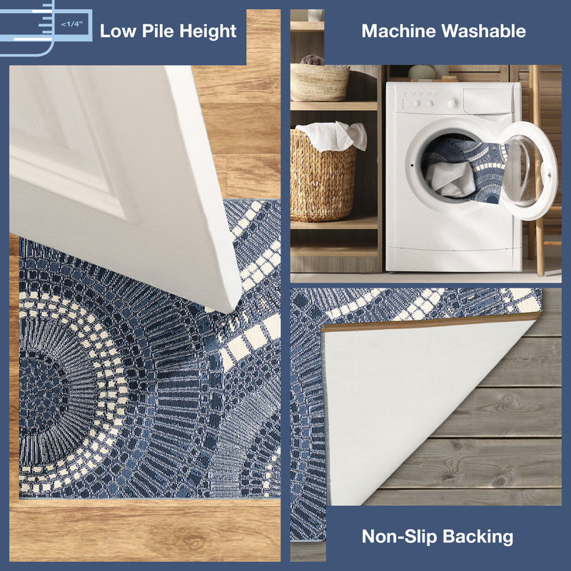 Lygia Abstract Synthetic Non-Skid Kitchen Mat, Rectangle 2'5" x 3'11", Navy/White/Blue