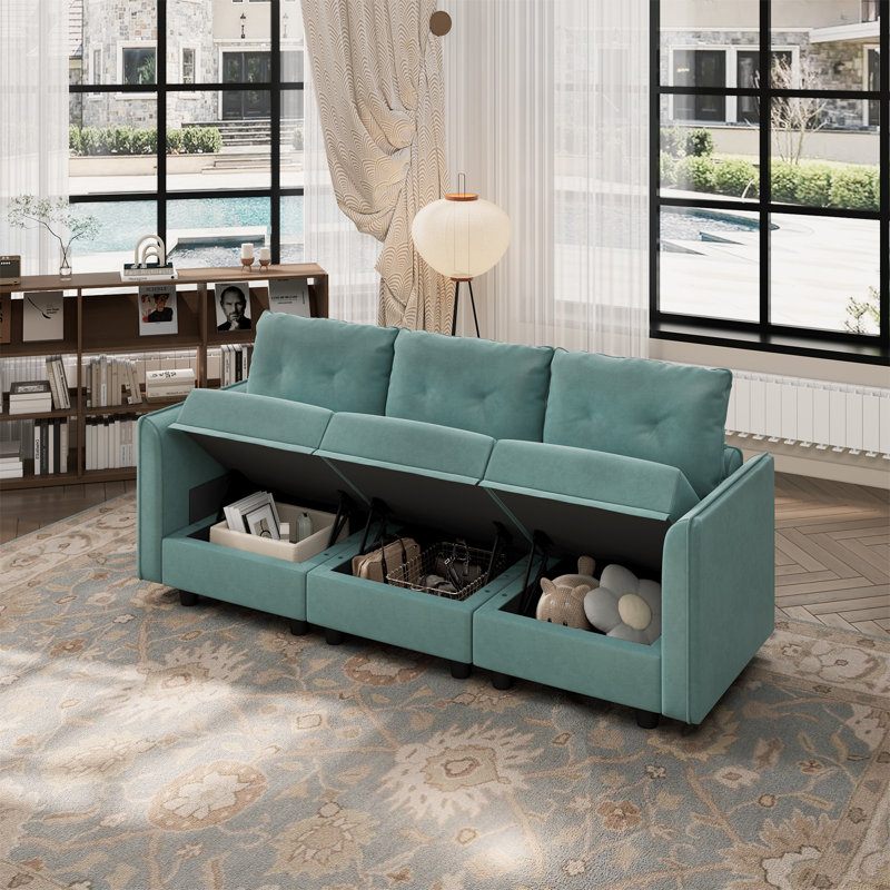 Zendajas 85'' Curved Arm Loveseat Modular Sofa With Storage, Teal Green Polyester Blend