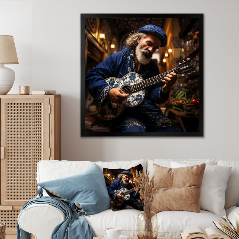 Judaïsme sépharade, joueur de guitare sur toile, Cadre simple noir, H 24 po x l 24 po x P 1 po