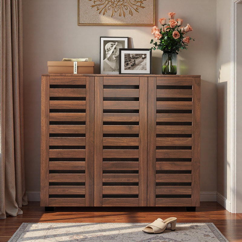 5-tier Shoe Storage Cabinet With Louvered Doors, Adjustable Shelf Wooden Shoe Rack Organizer For Entryway, Hallway, Living Room