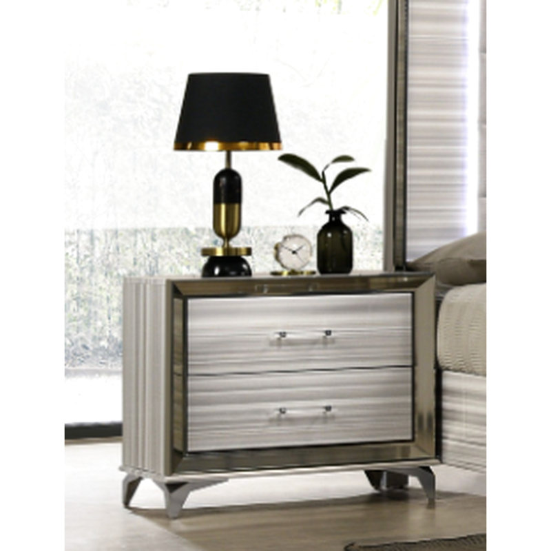 Table de chevet blanche Star - Design moderne, finition blanche, rangement spacieux, DEL intégrée, 2 tiroirs, compartiment de rangement spacieux à double coulissement, glissières, poignées