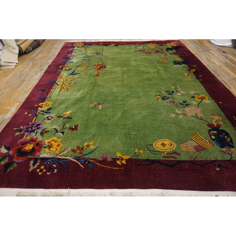 Chinese Rectangle Wool Knotted Green - Art Deco Antique Room Size 1920s Rug