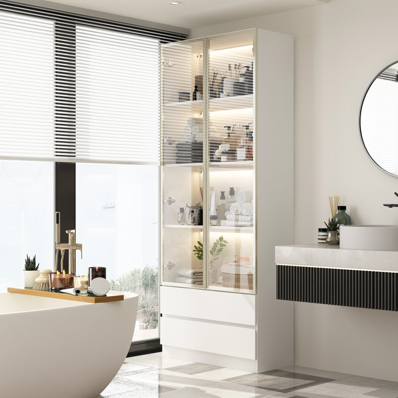 Four Shelves Two Drawers Bathroom Linen Cabinet With Light And Tempered Glass Doors, Silver