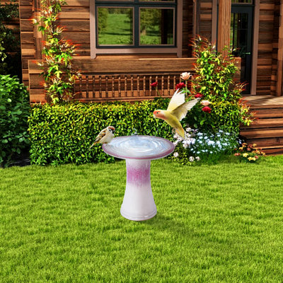 Bain d'oiseaux de patio en céramique ombrée rose, finition lisse et lustrée, givré et chauffant, 18,02 po de hauteur en céramique pour pelouse avec motif, stable, 17,32 de large