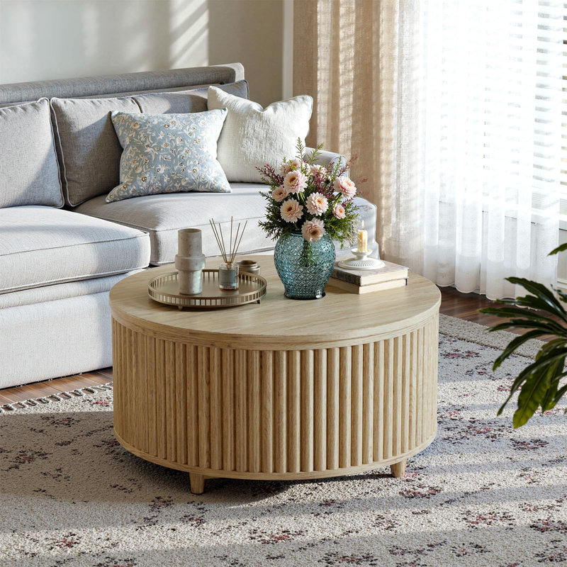 31.5'' Round Coffee Table, Fluted Lift Top Coffee Table With Large Storage, Mid Century Modern Small Center Table For Living Room