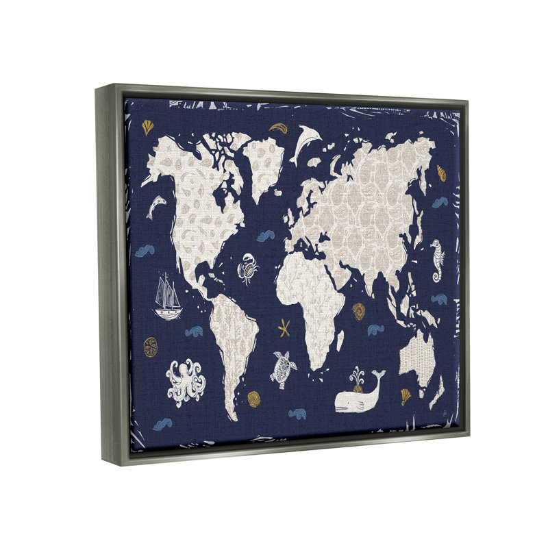 Carte du monde à motif bleu encadrée sur bois par Daphne Brissonnet, impression, H 17 po x l 21 po x P 1,7 po