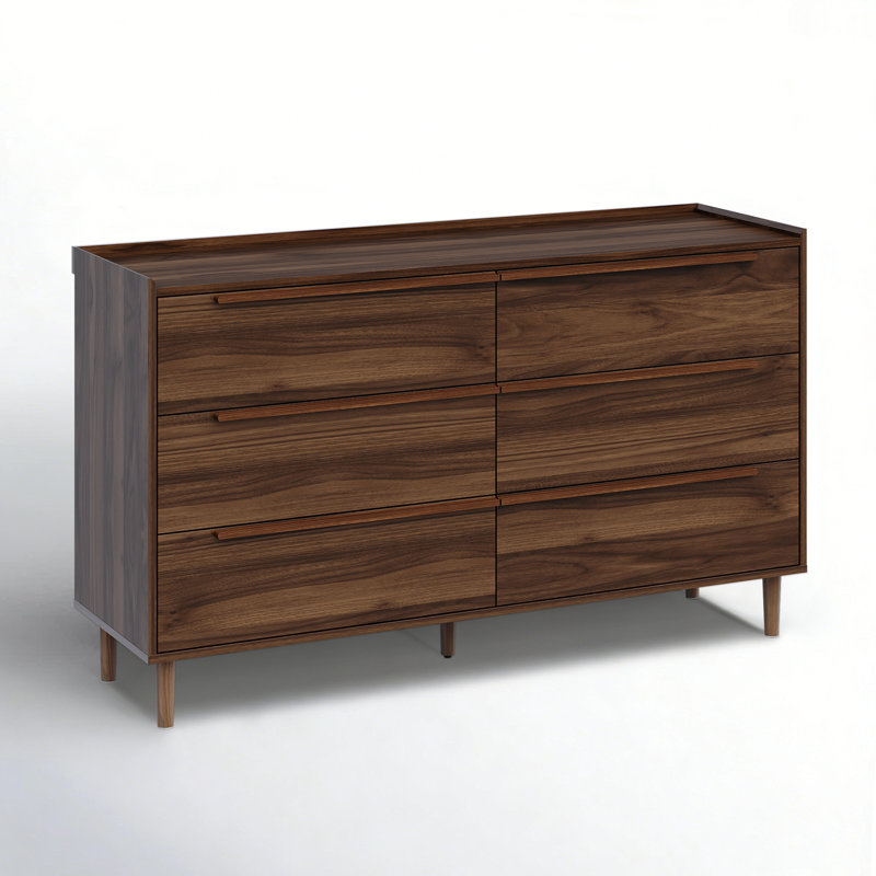 Commode double l 54 po avec 6 tiroirs, rangement de tiroir moderne en noyer, Noyer