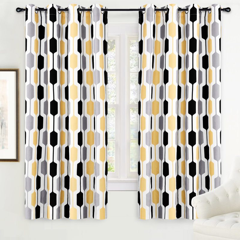 Ginder Room Darkening Thermal Window Curtains with Grommets and a Geometric Pattern, 52" W x 63" L, Gold/Black