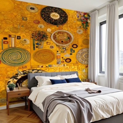 Peel and Stick Wallpaper Abstract Golden Geometric Floral Circular Motifs Details Wall Murals 100"H x 144"W Removable PVC Wall Paper Self-Adhesive Wall Decor for Bedroom Living Room Home Office