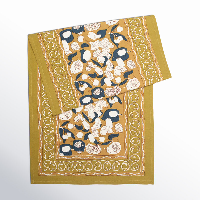 Forest Harvest Handmade Floral Table Runnner, 72" x 16", Mustard/Blue
