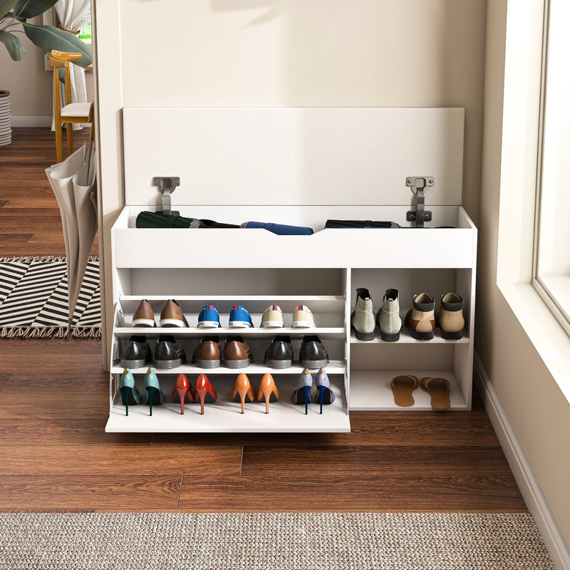 Banc de vestibule moderne avec rangement pour chaussures, rangement triple, 3 tiroirs rabattables réglables, armoire dissimulée, espace de rangement, support rotatif relevable, structure, coussin moelleux pour le couloir et le salon