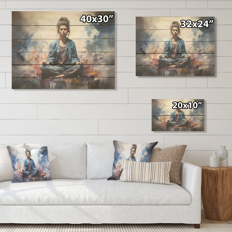 «Blue Yoga Pranayama Breath», art mural en bois de yoga sur bois de pin naturel, H 10 po x l 20 po