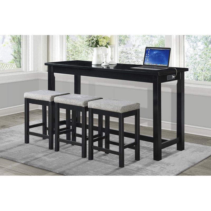 4pc Counter Height Dining Set Black Finish Counter Height Table w Drawer Built-in USB Ports Power Outlets and 3 Stools Casual Dining Furniture