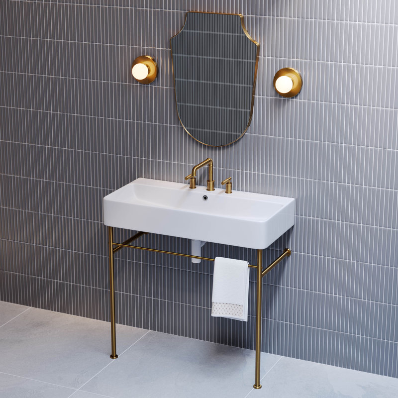 Lavabo de salle de bain piédestal rectangulaire en céramique avec trop-plein 34,7 "Swiss Madison Carre, Blanc / doré