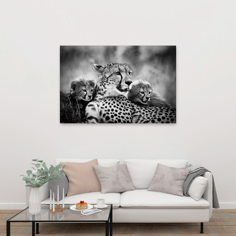 Cheetah Mother And Cubs Serene Contemporary Cat Animal Nature Wall Art Print 1 Piece Wrapped Canvas Wall Art