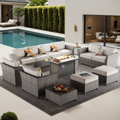 Cassville 8 - Person No Assembly Required Outdoor Conversation Set, Patio Wicker Sectional Seating Group with Cushions, All Weather Sofa Set with Optional Fire Pit Table for Garden Backyard