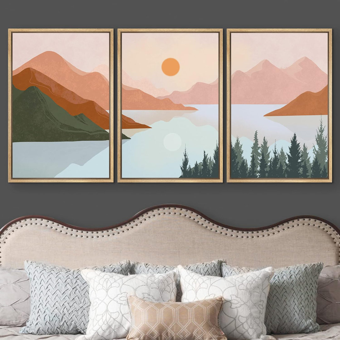 Sun Mountain Landscape " Pastel Mountain Range Lake Forest " 3 - Pieces IDEA4WALL 