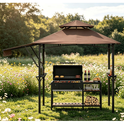 Pavillon de jardin brun café de 8 pi x 5 pi, auvent à deux niveaux CPAI-84, auvents latéraux réglables, 2 tablettes, 10 crochets, ouvre-bouteille, lumières DEL, cadre en acier pour terrasse de jardin