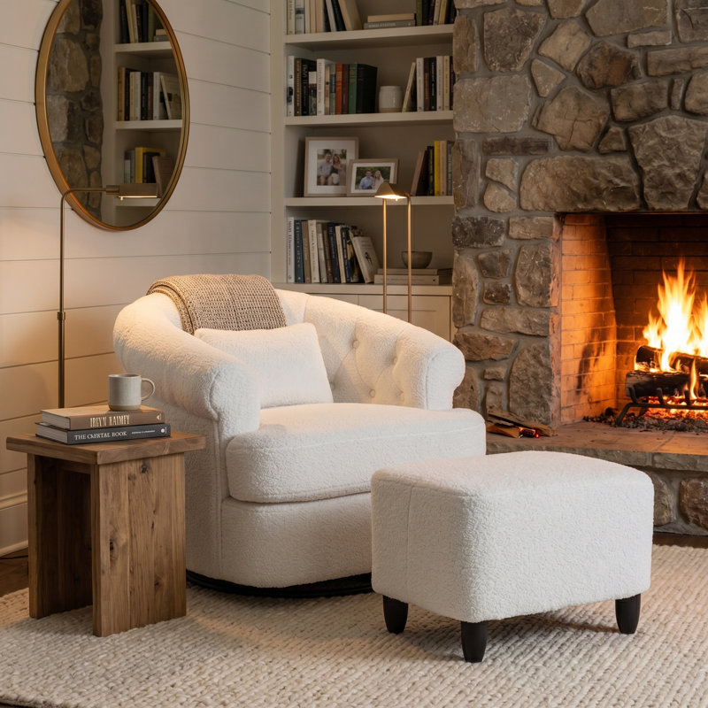 Swivel Barrel Accent Chair With Ottoman Bouclé Upholstery Modern Lounge Set, White